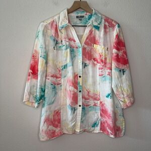 JM COLLECTION Womens 100% Linen Snap Button Down Top Size 14P Coastal Beachy
